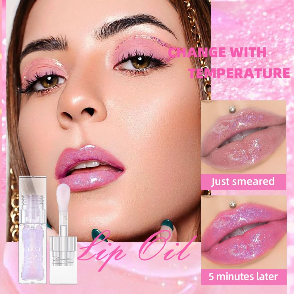 BANGFENG Magic Color Changing Moisturizing Lip Glow Oil + Plumping Lipstick, Hydrating Lip Gloss Balm, Transparent Lip Care, Non-Sticky Fresh Texture Lip Oil (Clear to Pink)