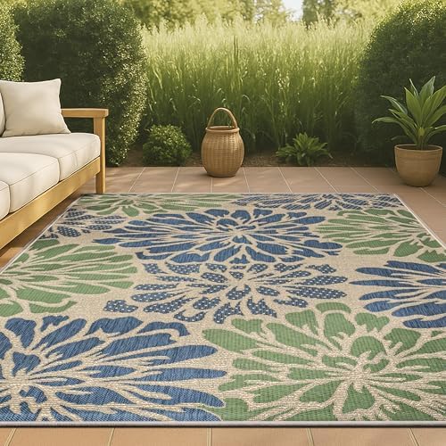 JONATHAN Y SMB110B-5 Zinnia Modern Floral Textured Weave Indoor Outdoor Area-Rug Bohemian Coastal Easy-Cleaning Bedroom Kitchen Backyard Patio Non Shedding, 5 X 8, Navy/Green