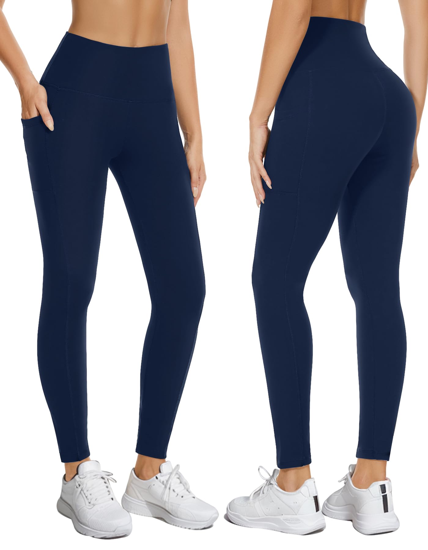 FULLSOFT Fleece Lined Leggings with Pockets for Women-Thermal High Waist Stretchy Yoga Pants for Winter Workout(L,Navy Blue)