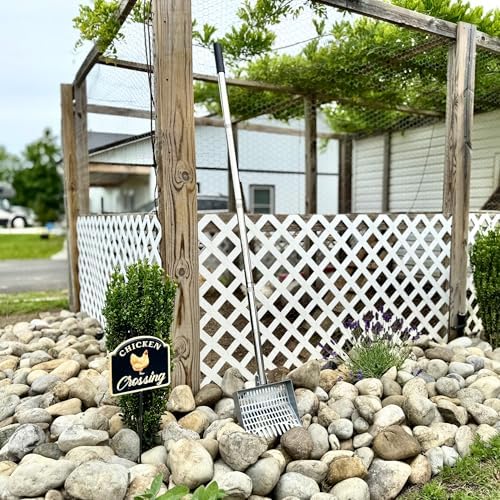 Chicken Poop Scooper Sturdy Spring Steel Chicken Coop Scoop Heavy Duty 38 to 66" Adjustable Sifting Shovel for Chicken Coop with Long Stainless Steel and Rubber Handle