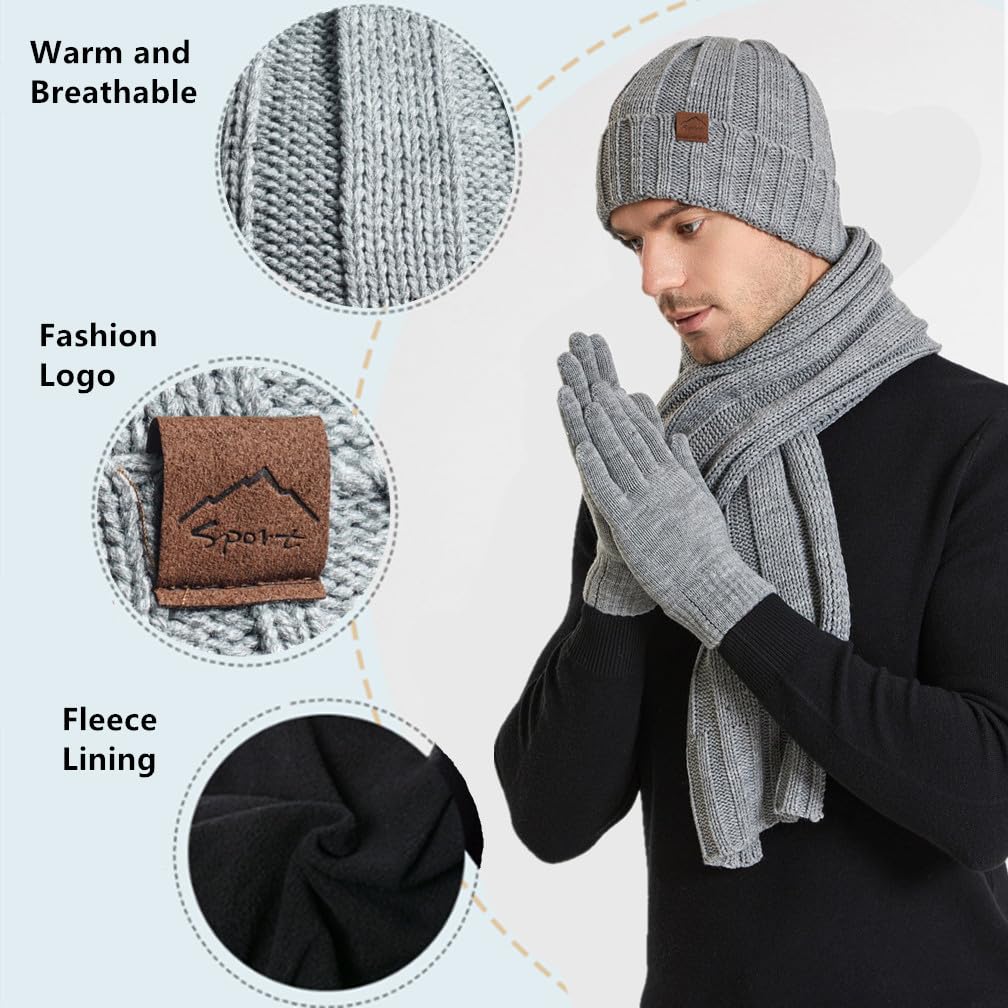 Yvechus 3 in 1 Winter Beanie Hat Scarf and Gloves Set Warm Knit Hat Thick Fleece Lined for Men Women (C style-Light Grey)