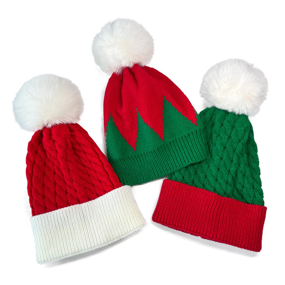 Unisex Winter Beanie Hat Christmas Knitted Santa Hat Xmas Santa Claus Cap for Adults (Acrylic, 3 pcs)