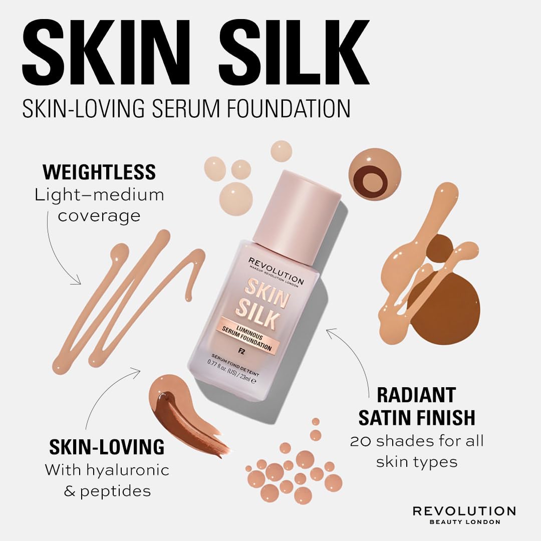 Revolution Beauty, Skin Silk Serum Foundation, Light to Medium Coverage, Lightweight & Radiant Finish, Contains Hyaluronic Acid, F3 Light Skin Tones, 0.77 Fl. Oz.