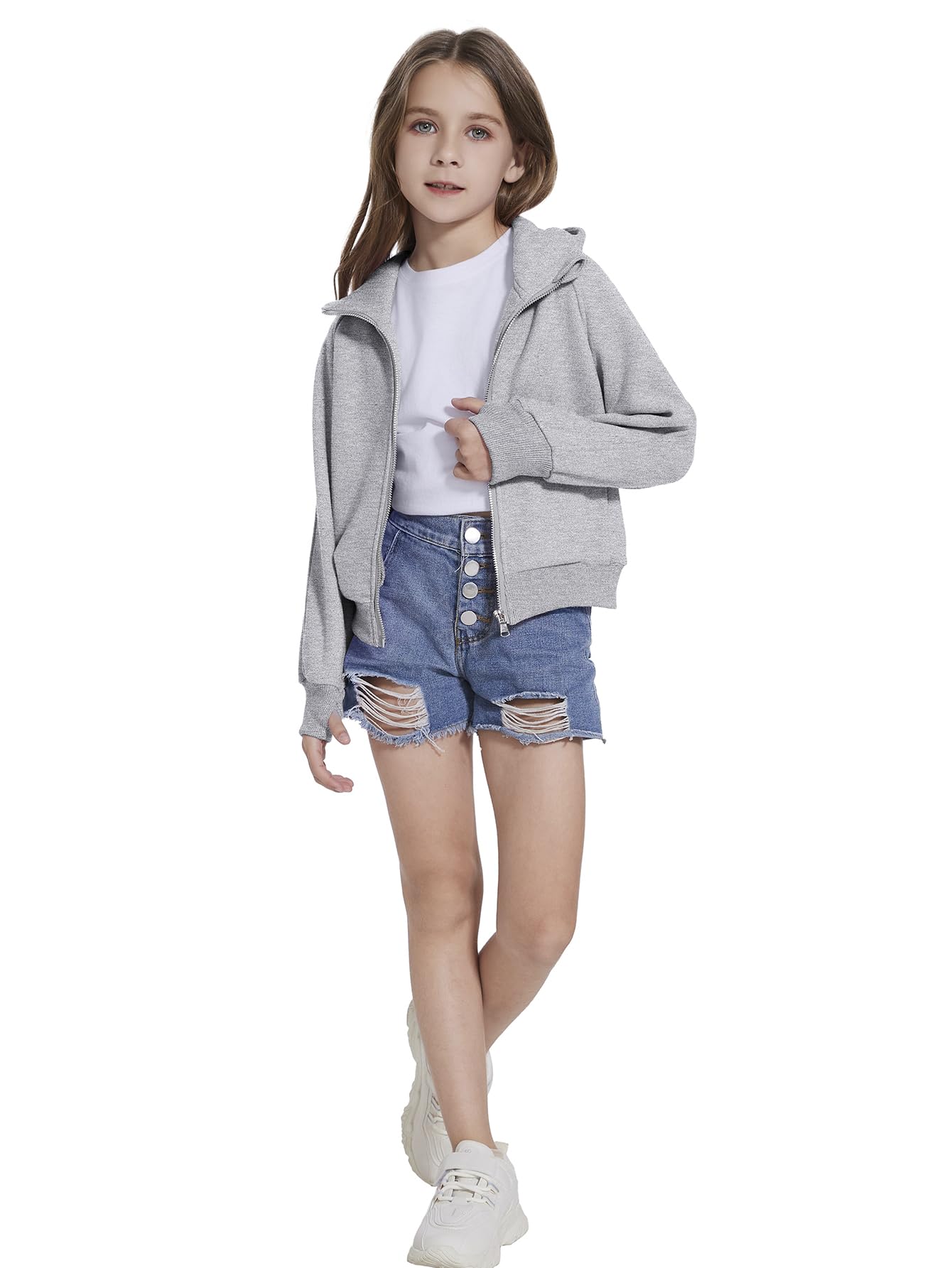 Fdqin Sweatshirt for Girls Zipper Up Cropped Hoodies for Teen Girls Sweatshirts Size 10-12 Winter Clothes Grey 7-8 Years