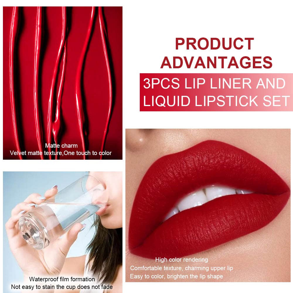 evpct DNM 3Pcs Dark Brown Red Matte Lip Liner and Liquid Lipstick Sets for Women Stay on Lipstick 24 Hour Lip Stick Packs Matte Lip Stain Lipgloss Sets for Dark Skin Women Waterproof Long Lasting 24