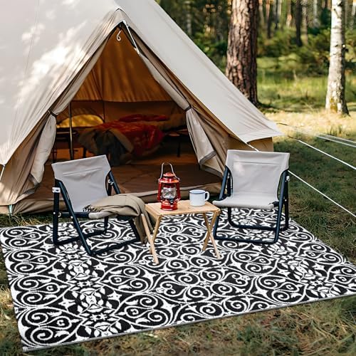 OLANLY Outdoor Rug Waterproof 5x8 ft Clearance, Reversible Outdoor Plastic Straw Rug with Floral Pattern, RV Mat for Patio, Camping, Balcony, Deck, Backyard, Black & White