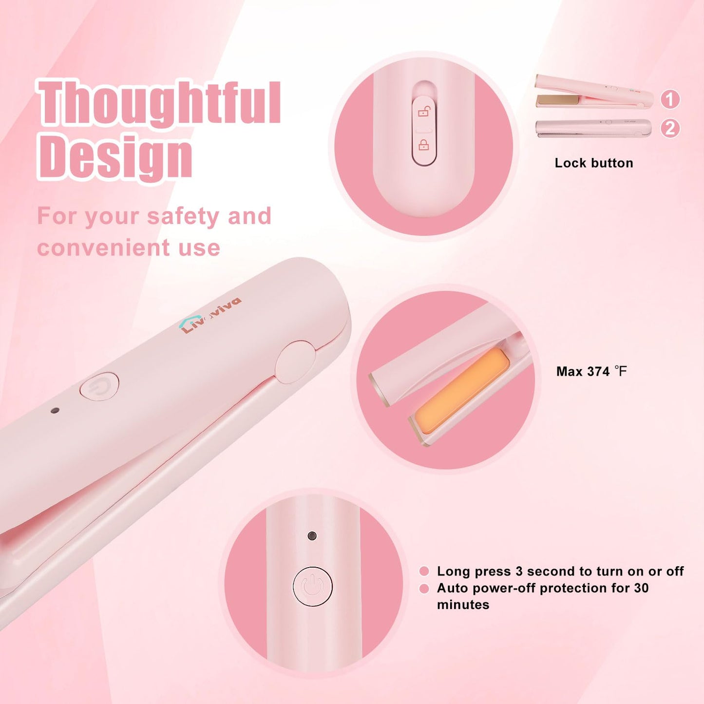 Mini Portable Cordless Hair Straightener,USB Rechargeable,Rapid Heating can Work continuously for 40 Minutes,Wireless Curling Iron for Travel (Pink)