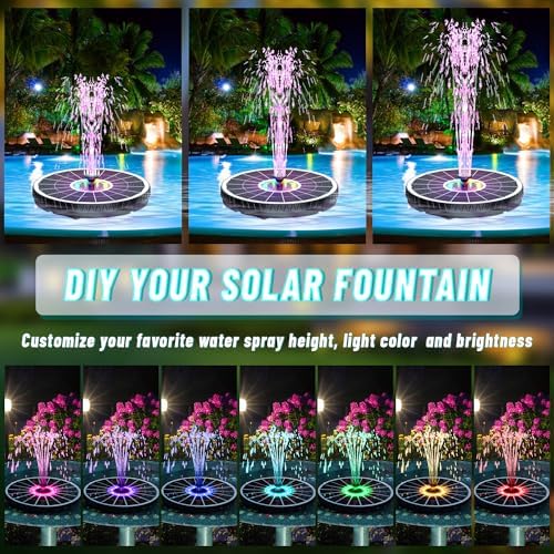 Remote Control Solar Fountain, 2025 Upgrade 6W Solar Bird Bath Fountain with 4000mAh Battery, Solar Powered Hummingbird Water Fountain Pump with Colorful LED Lights, 7 Nozzles for Garden Decor