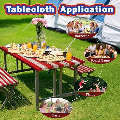 Picnic Table Cover with Bench Covers American Flag Waterproof Windproof Fitted Outdoor Tablecloth with Elastic Rectangle Table Cloth Camping Accessories,72x30 Inch