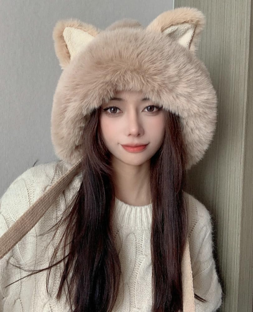 Women Cute Fox Ears Hats Furry Warm Knitted Trapper Hat Beanies Slouchy Crochet Hat Winter Cap Khaki