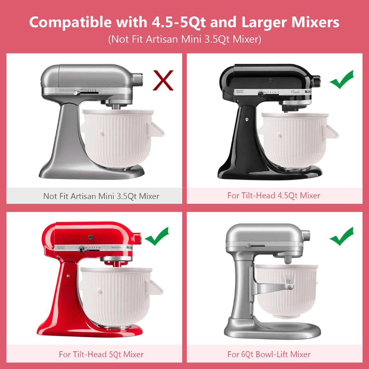 Ice Cream Maker Machines for Kitchenaid Stand Mixer,Compatible with Kitchen aid 4.5 QT and Larger Mixer,2-Quart Frozen Yogurt & Sorbet Gelato Maker,Dishwasher safe