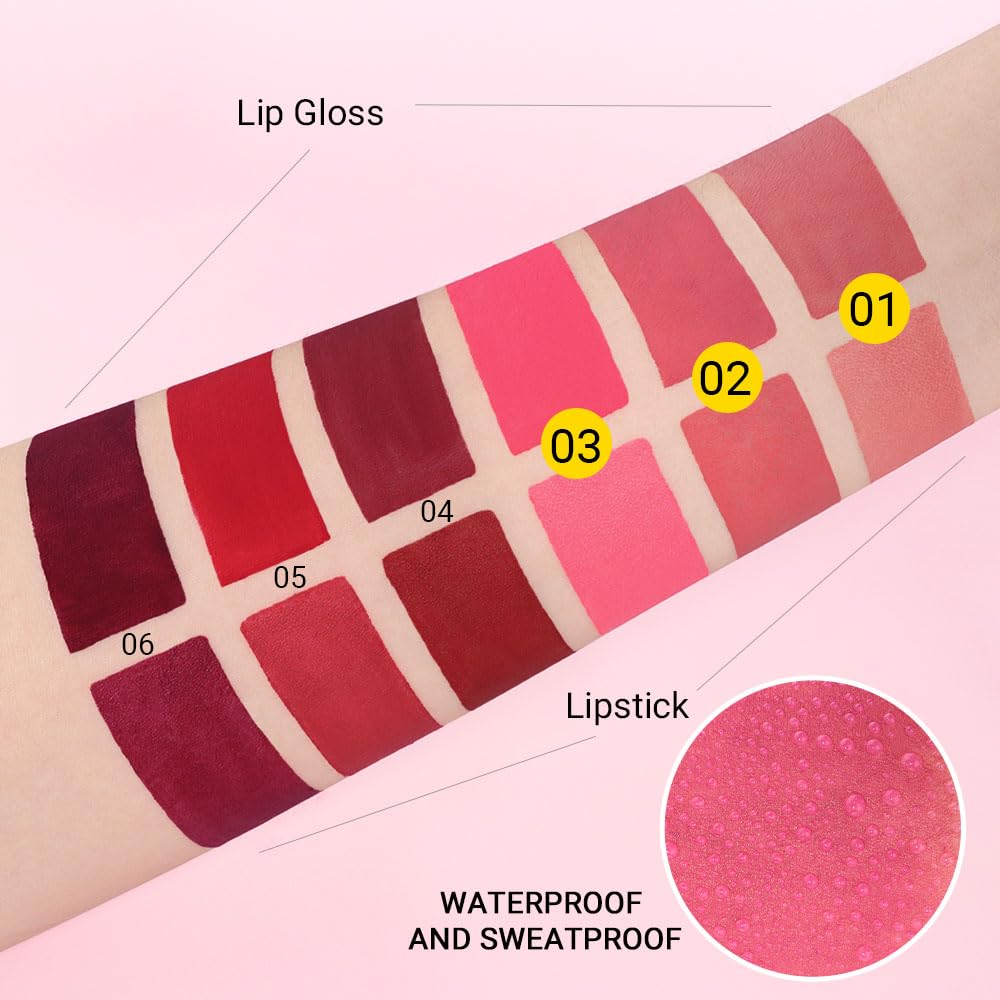 evpct 2 In 1 Matte Lipstick & Long Lasting Smudge Proof Liquid Lipstick Lip Gloss Stain 3Pcs Set for Women Dark Ruby Red Nude Beige Pink Mauve Matte Vegan Long Wear Waterproof 24 Hour Lipstick