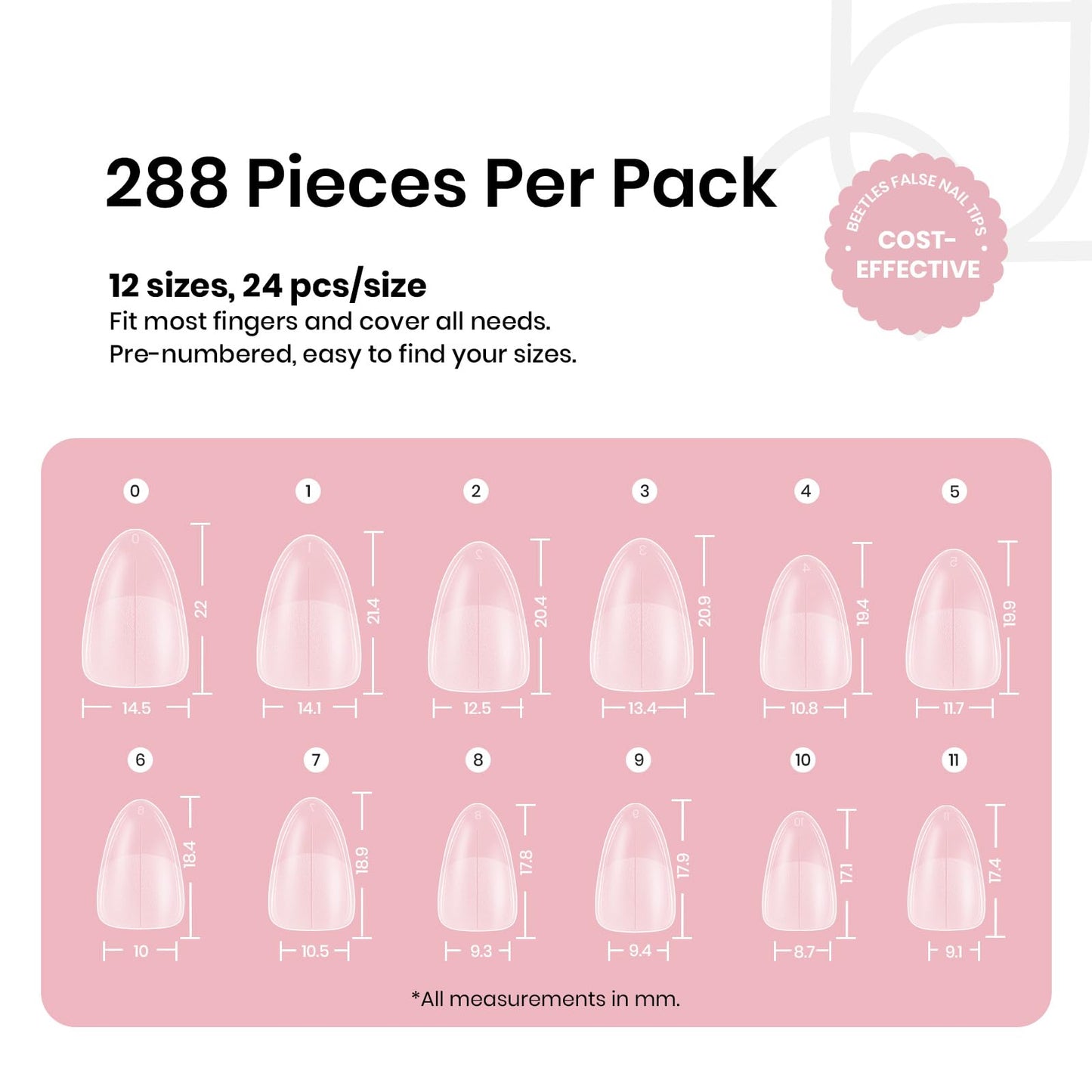 Beetles Short Almond Nail Tips - 288PCS 12 Sizes Full Matte Cover Pre-Shaped False Nails Soft Almond Nail Tips Acrylic Nail Tips Nail Extension Tips for Gel Polish Professional Salons DIY Manicure