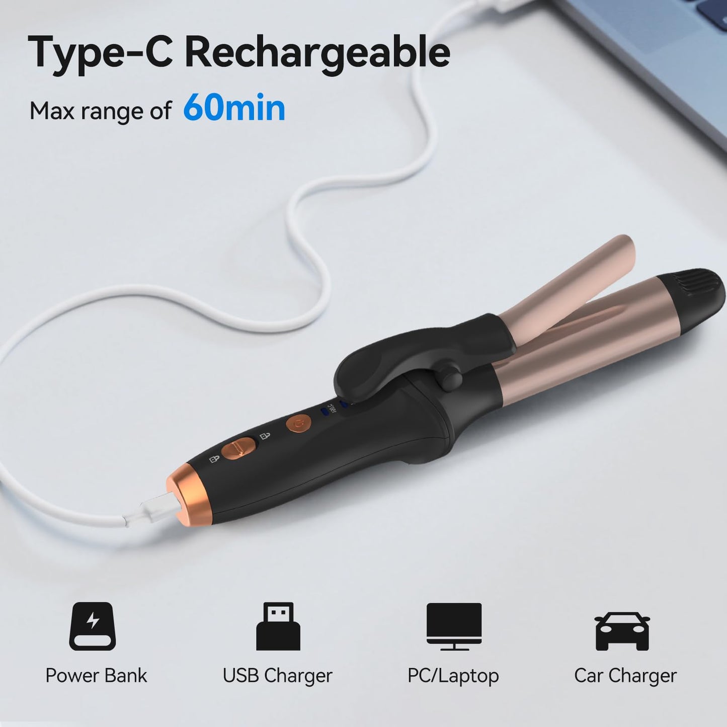 Cordless Curling Iron Hair Curler: Mini USB Rechargeable 4000 mAh 3 Temp Setting Travel Portable Hair Curler with 200 Million Negative Ion Cordless Curling Iron