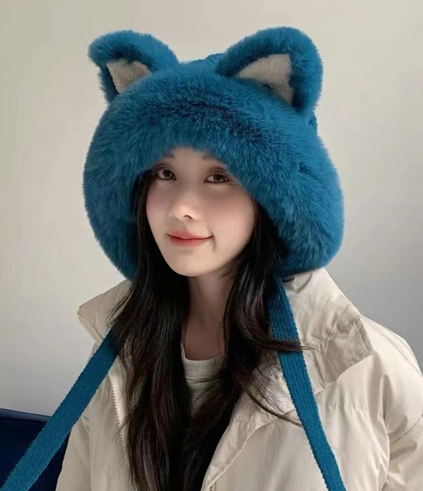 Women Cute Fox Ears Hats Furry Warm Knitted Trapper Hat Beanies Slouchy Crochet Hat Winter Cap Khaki