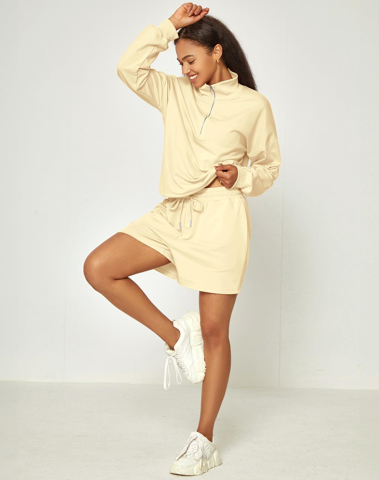 FUPHINE Women Two Piece Outfits Sweatshirt Casual Set Lounge Wear Tracksuit Set 2024 Trendy Sweat Set For Winter Apricot L
