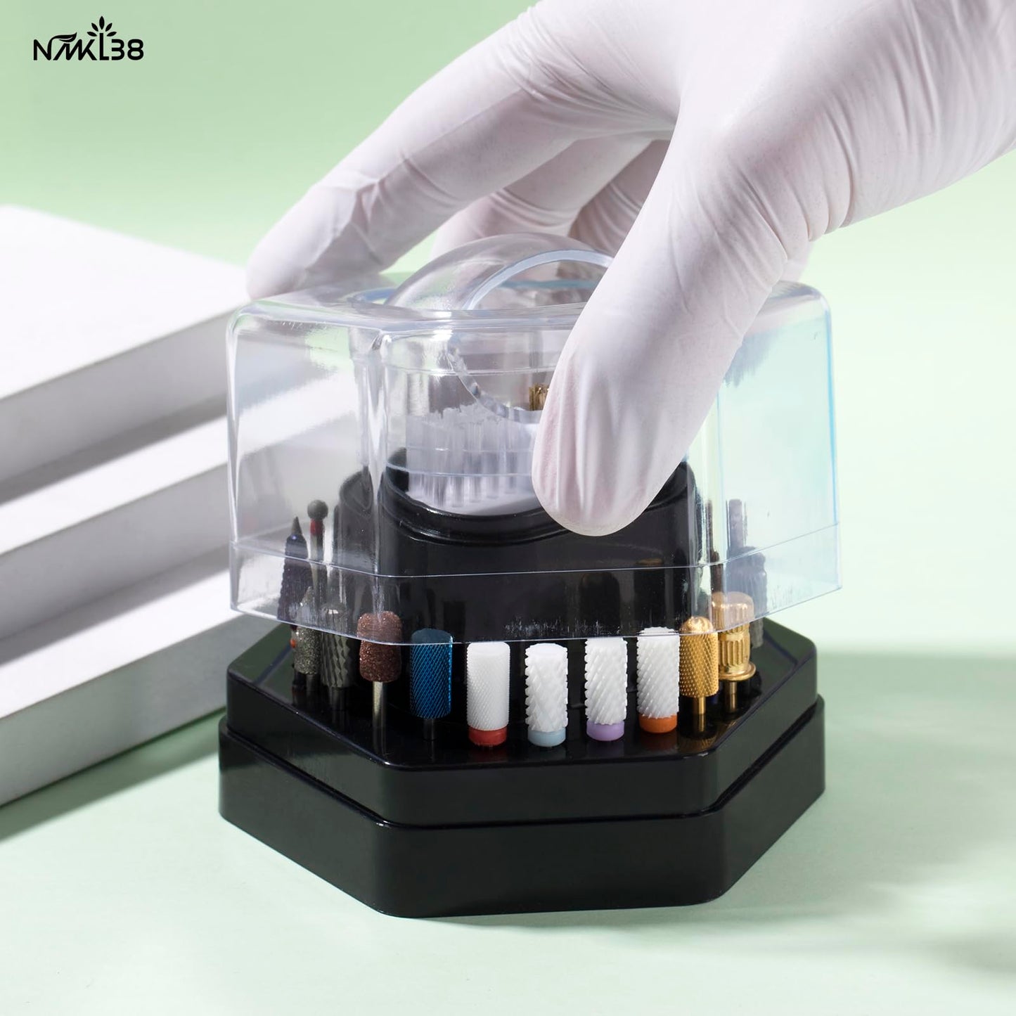 NMKL38 2 in 1 Nail Drill Bits Holder Nail Drill Bits Cleaning Brush Detachable Case 24 Holes Nail Drill Stand Display Organizer Dustproof Box for Nail Manicure Tools (Black)