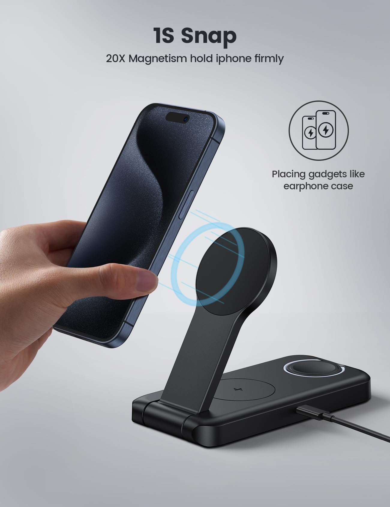 Lamicall 3 in 1 Charging Station for Apple, for Magsafe - Magnetic Foldable Wireless Charger Stand, Fast Charging Station for iPhone 16/15/14/13/Pro/Pro Max Apple Watch, AirPods, Foldable Travel Use