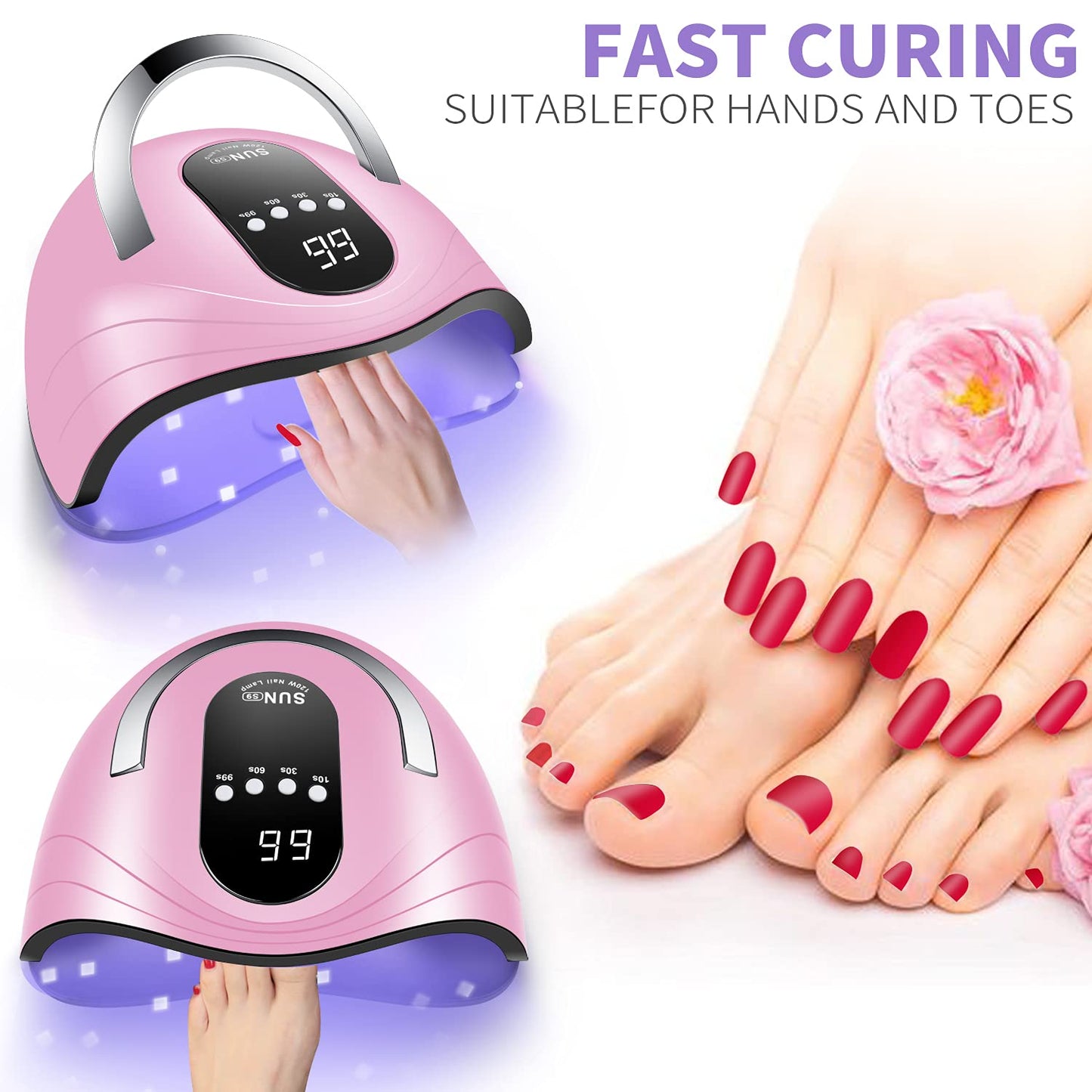 Sunrich UV Gel Nail Lamp 120W LED Nail Light Fast Nail Dryer for Gel Polish Curing with 4 Timers Portable Handle Large Space Automatic Sensor(Pink)