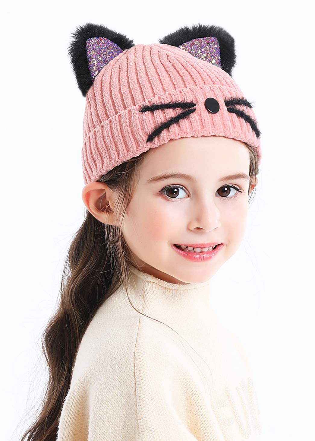 Bellady Kid Girl Hat Cute Cat Ear Beanie Cap Warm for Fall Winter,Child_Pink