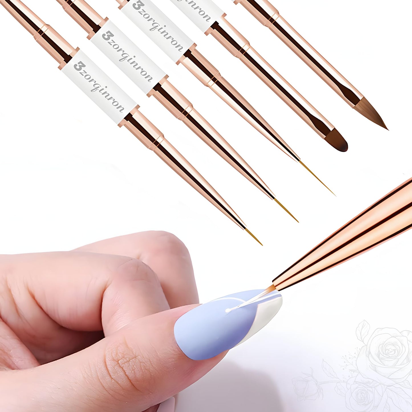 Nail Art Bushes Set, Professional 5Pcs Double-Ended Nail Brush Kit for Details, Long Lines, Ombre & 3D Design-Perfect for DIY Manicures & Salons (White)