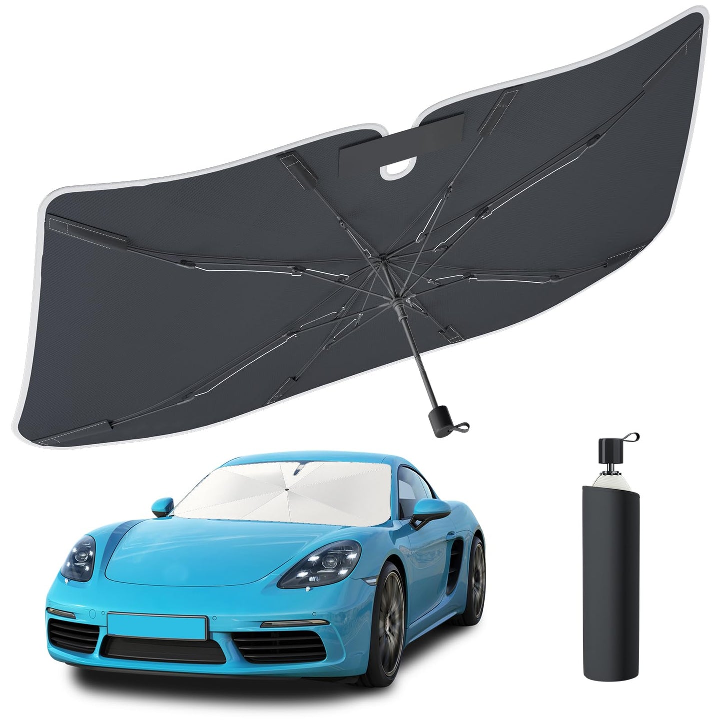 Tecoom Umbrella Sun Shade for Car Windshield 57"x32", Upgrade Double Heat Shield Coating, Front Vehicle Window Visor Sunshade Cover Universal for Sedan SUV, Automotive Interior Sun Protection UV Block
