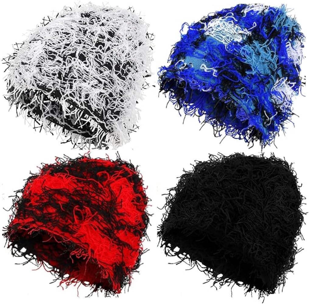 Taowave Distressed Knitted Beanie Fuzzy Hats Winter Warm Beanies Snow Hats Outdoor Ski Knit Cap for Kid Women Men, 4 Pack (Black, Blue, Black and White, Red)