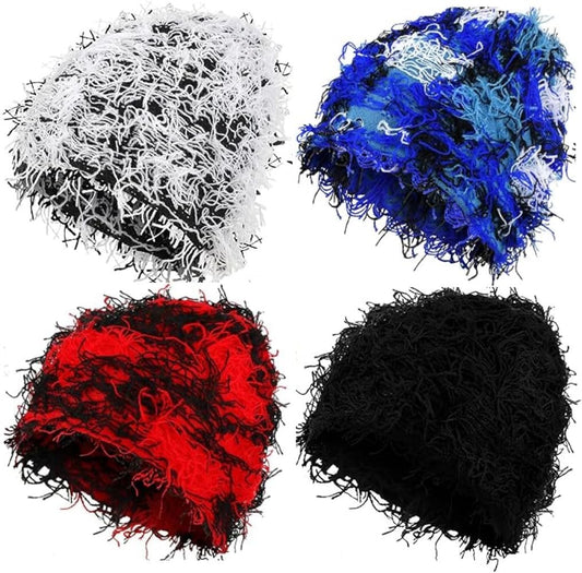 Taowave Distressed Knitted Beanie Fuzzy Hats Winter Warm Beanies Snow Hats Outdoor Ski Knit Cap for Kid Women Men, 4 Pack (Black, Blue, Black and White, Red)