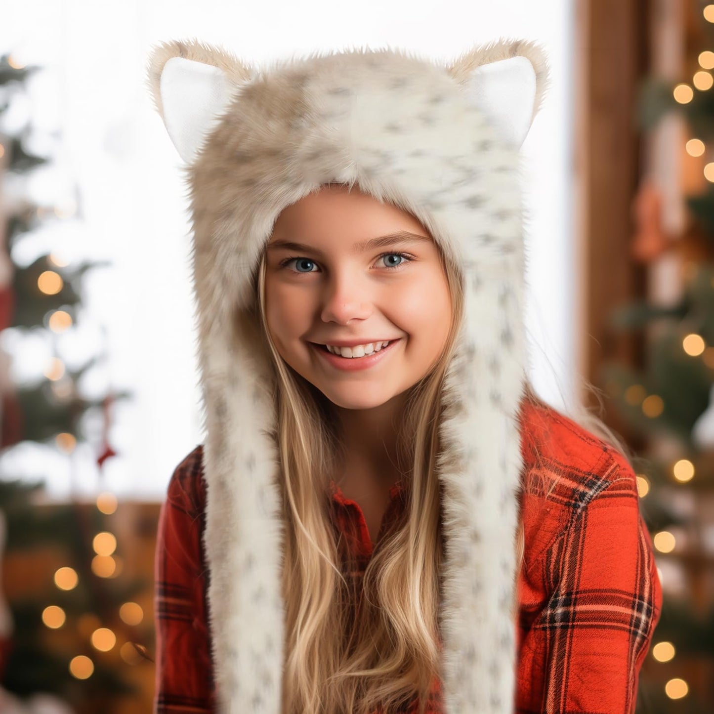 ShellKingdom Plush Novelty Animal Hat,3 in 1 Function Snow Leopard Faux Fur Full Animal Hood Hat Winter Warmer Cap