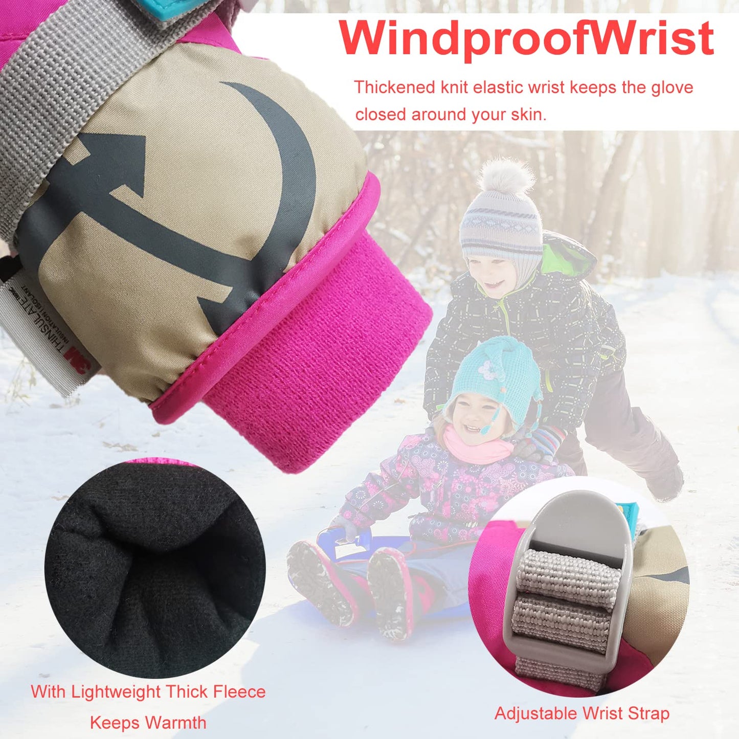 7-Mi Kids Winter Warm Water-Resistant Gloves for Skiing/Snowboarding/Cycling/Riding Outdoor Activities Children Mittens Best for 4 to 6 Years Old Pink
