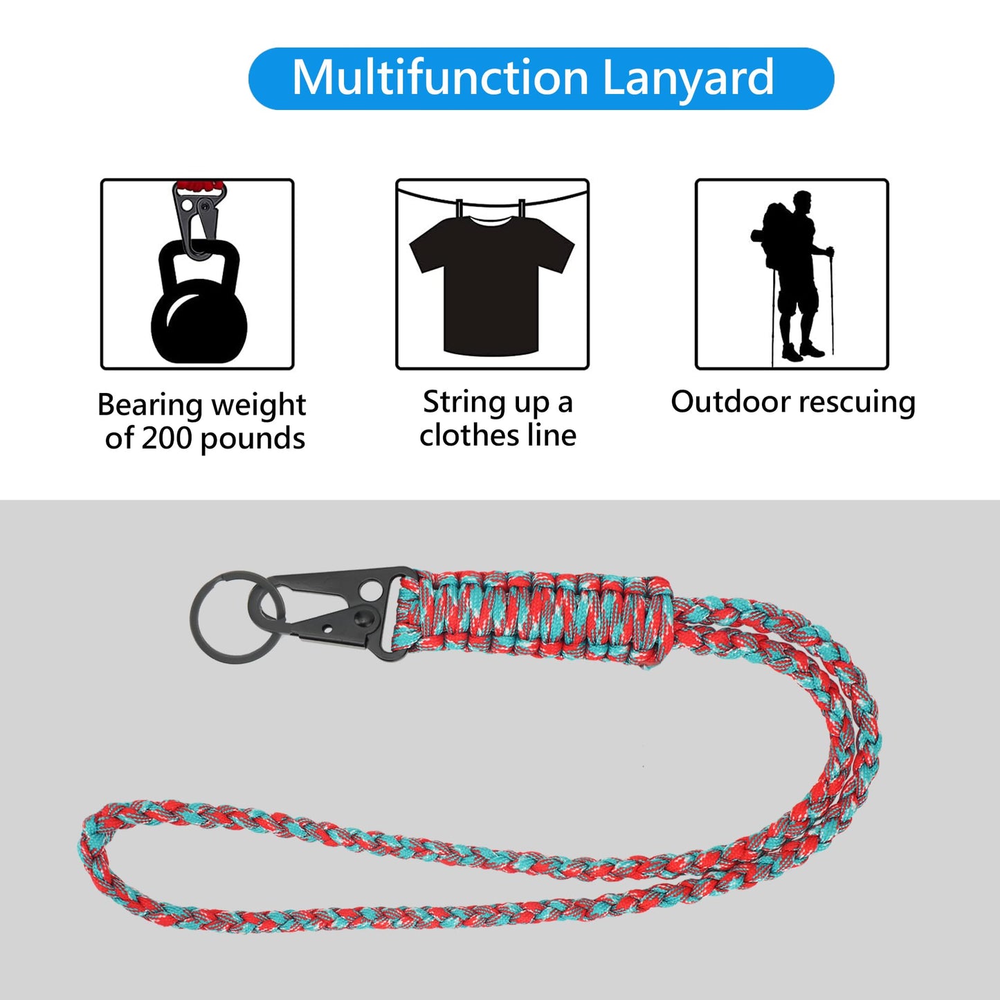 LAREDTREE Heavy Duty Paracord Lanyard Keychain, Paracord Necklace Cell Phone Keychain Whistles Wrist Braided Strap (Red Flower)
