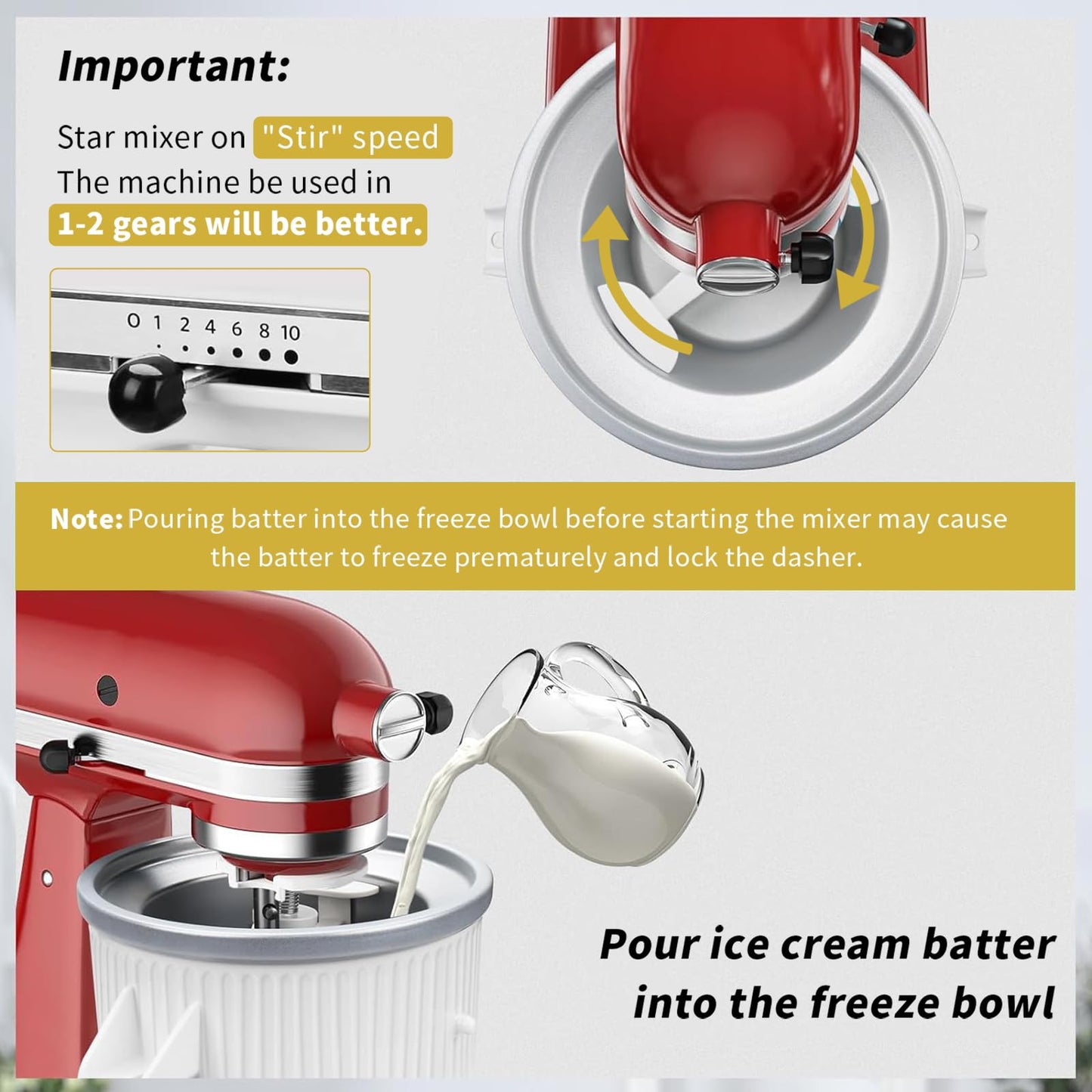 Ice Cream Maker Attachment for Kitchenaid,Fits KitchenAid 4.5-5QT/5.5-6 Quart Stand Mixers Accessories and Attachments,2 Quart Ice Cream Makers of Frozen Yogurt and Sorbet by KOYOEY