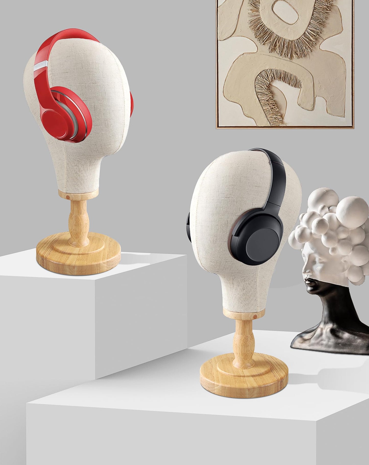 CHADWICK Wig Head Stand Mannequin Head Hat Display Stand Linen Wig Holder, Hat Rack Fabric Head, Canvas Dome + Detachable Wood Stand, Wig Display Model Head Wig Stand for Wigs, Hats, Caps, Headdress