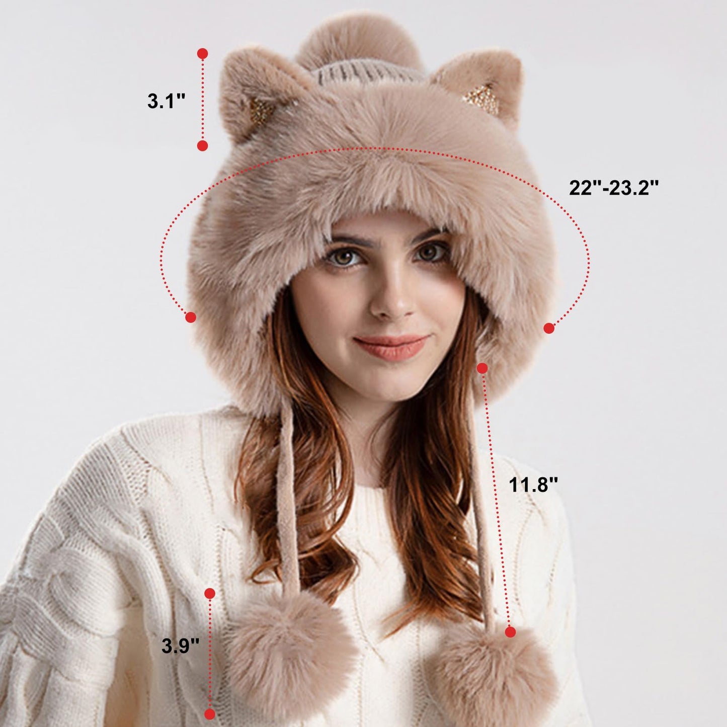 Women Girls Cat Ears Fleece Lined Hat, Winter Warm Knitted Beanie Slouchy Skull Cap Earflap Hats for Cold Weather