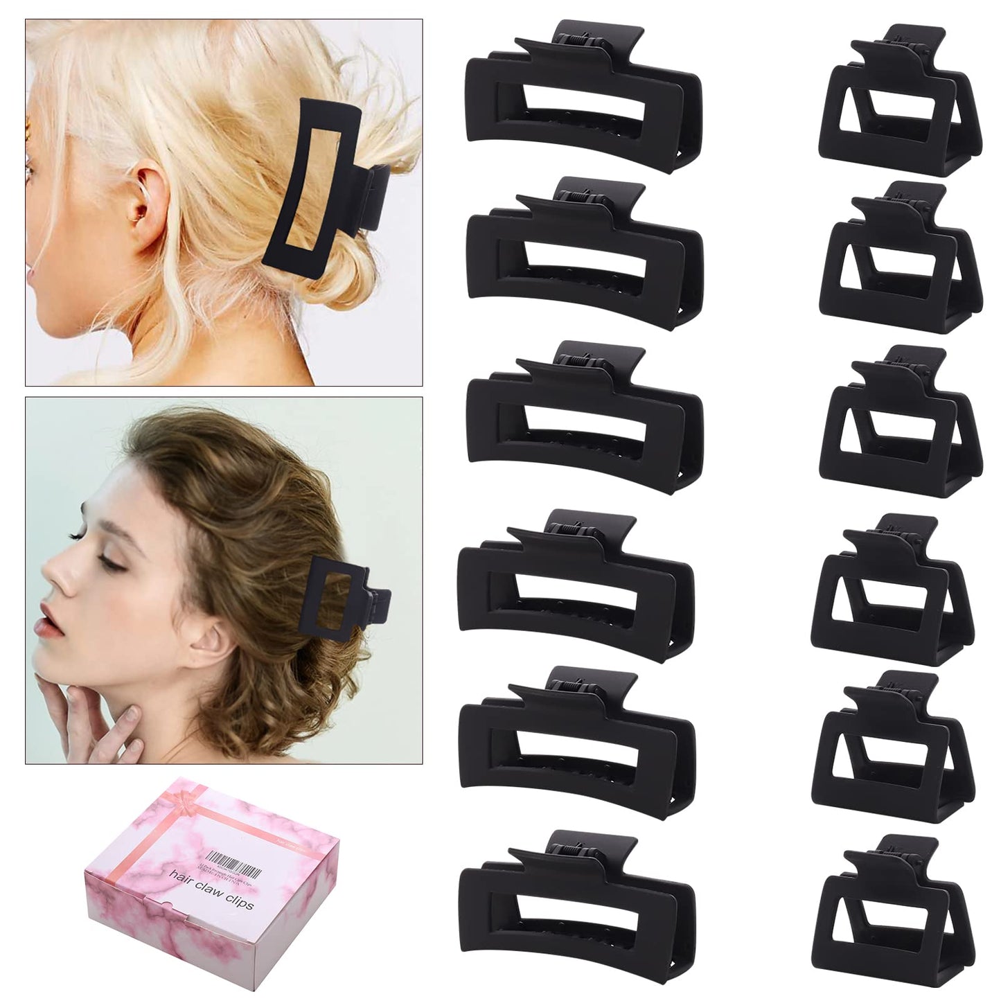 12 Pack Black Square Claw Clips, Big and Small Neutral Rectangle Hair Claw Clips, Non-slip Matte Large Hair Clips for Women,Strong Hold jaw clip for Thick Thin Hair