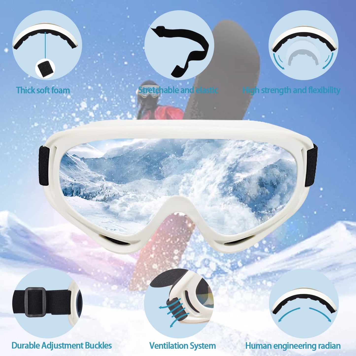 Reseldda 3-Pack Ski Goggles Snow Snowboard Motorcycle Goggles for Adult Men Women Youth Teens Kids Boys & Girls Winter Snow Sports Goggles (Pink+White+Black)