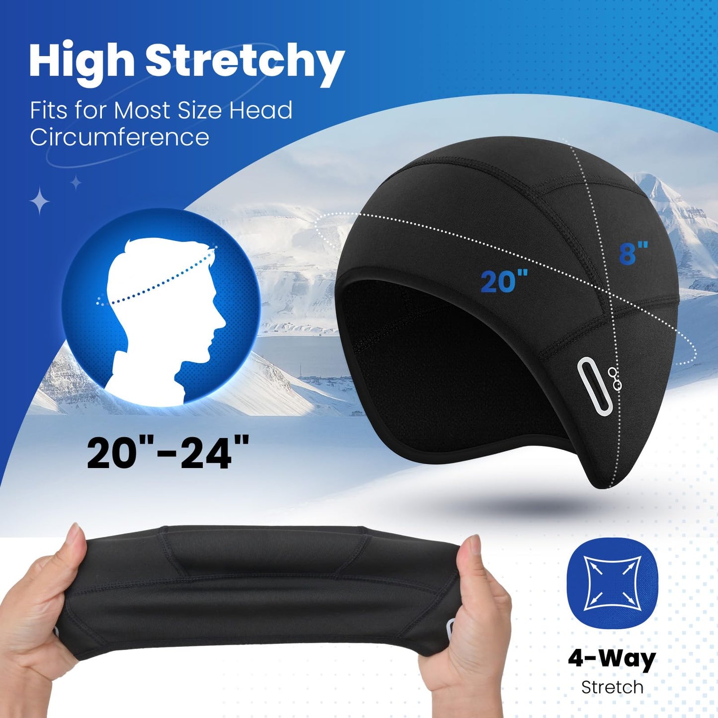 Bodvera Skull Cap Helmet Liner with Eyeglasses Holes,Ear Warm Cycling Cap,Thermal Head Cap for Men & Women in Winter. Black