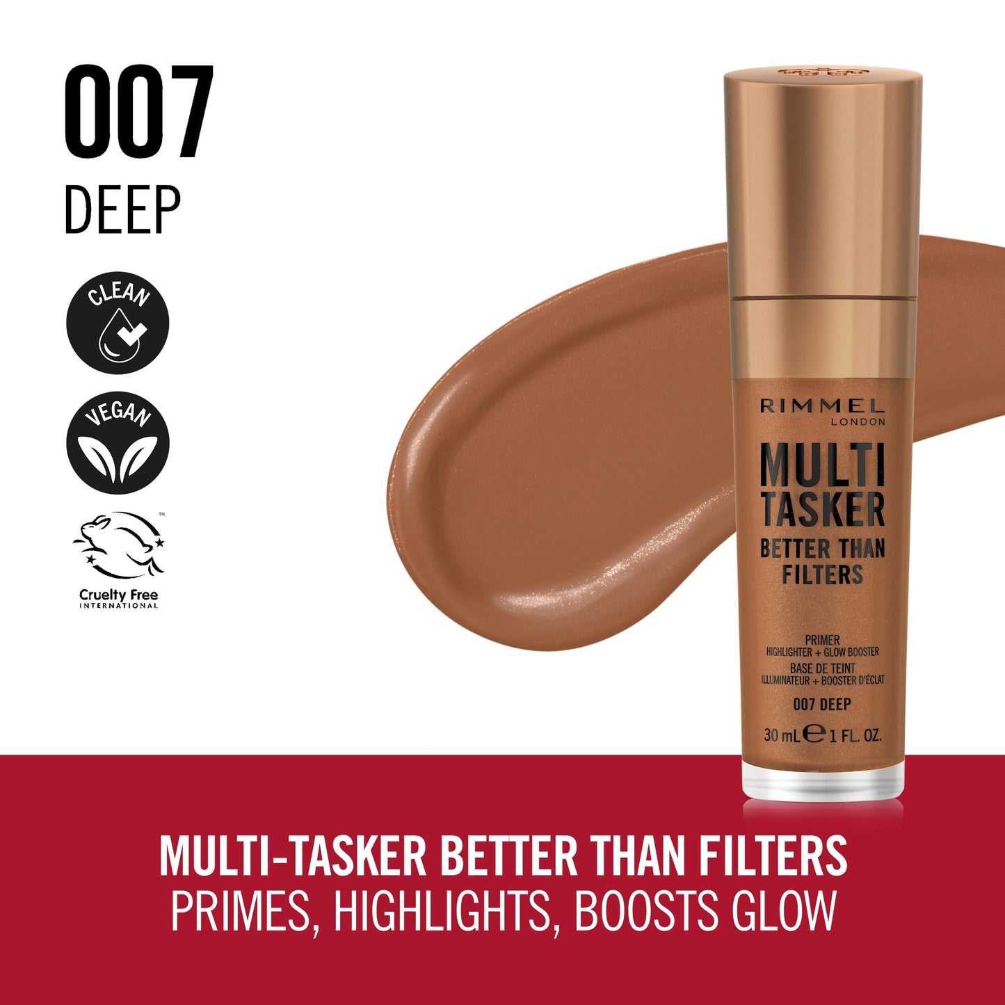 Rimmel Multi-Tasker Better Than Filters, 007 Deep, Face Primer, Glow Booster and Highlighter, Vegan Formula, Anti-Ageing Benefits, Light-Reflecting Pigments, Giant Soft-Touch Wand, 1oz
