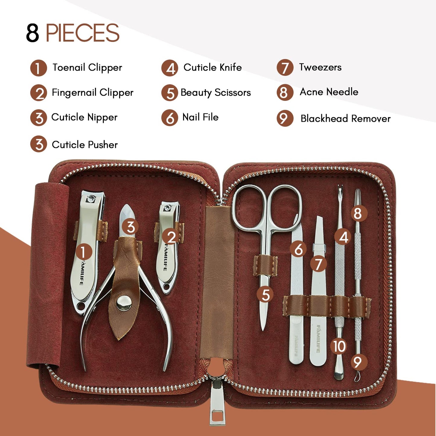 FAMILIFE Manicure Set, Nail Clippers Pedicure Tool, 8 pcs Stainless Steel Manicure Kit Professional Grooming Tool, Nail Kit with Portable Brown Leather Travel Case Luxury Gifts for Men