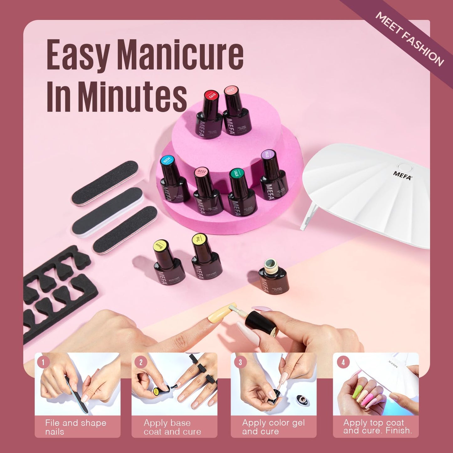 MEFA 19 Pcs Gel Nail Polish Kit with U V Light, 12 Colors Gel Nail Polish Set with Base Top Coat Burgundy Red Champagne Gold Gel Soak Off Purple Manicure Tools Beginners Salon Art DIY for Women