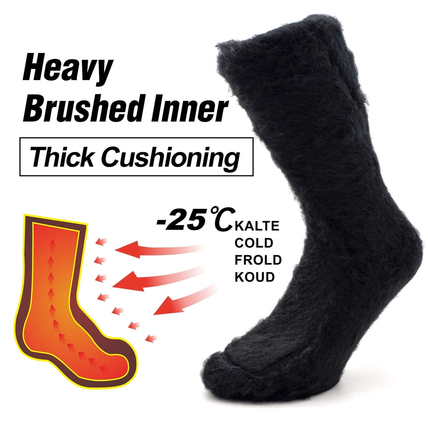 Socks Daze 2 Pack Thick Heat Stripe Socks Men, Winter Outdoor Heavy Working Thermal Crew Hiking Hunting Backpacking Socks, Black+Dark Grey Stripe, Large
