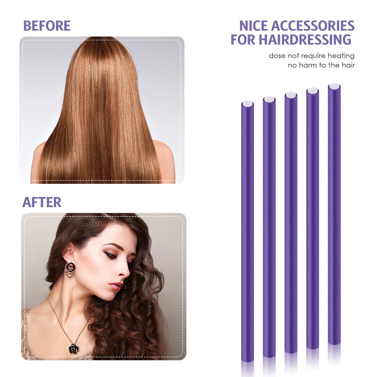 WILLBOND 60 Pieces Flexible Curling Rods Hair Curlers Rollers Twist Flexi No Heat Rods Rollers for Long Short Hair Women(0.3 x 9.5 Inch,Purple)