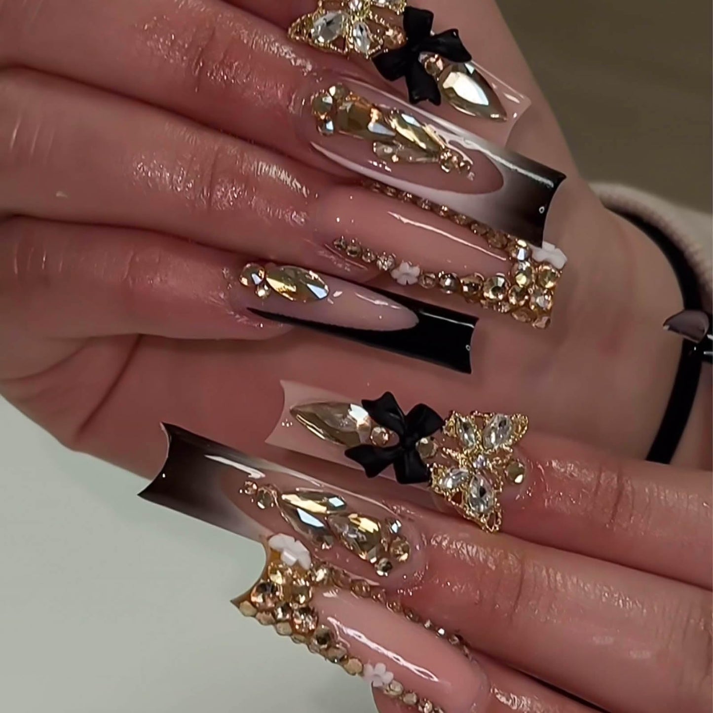 RUOKEXIN Black French Tip Fake Nails - Square False Nails with Gold 3D Butterfly Designs, Glitter Glue, Black Bow, Cute Stick On Nails for Women - 24Pcs