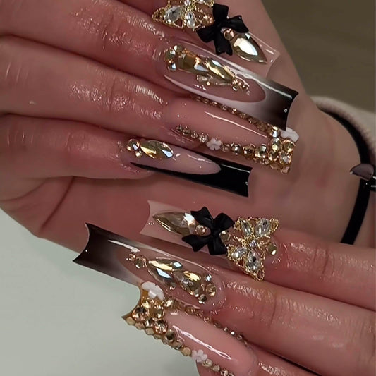 RUOKEXIN Black French Tip Fake Nails - Square False Nails with Gold 3D Butterfly Designs, Glitter Glue, Black Bow, Cute Stick On Nails for Women - 24Pcs