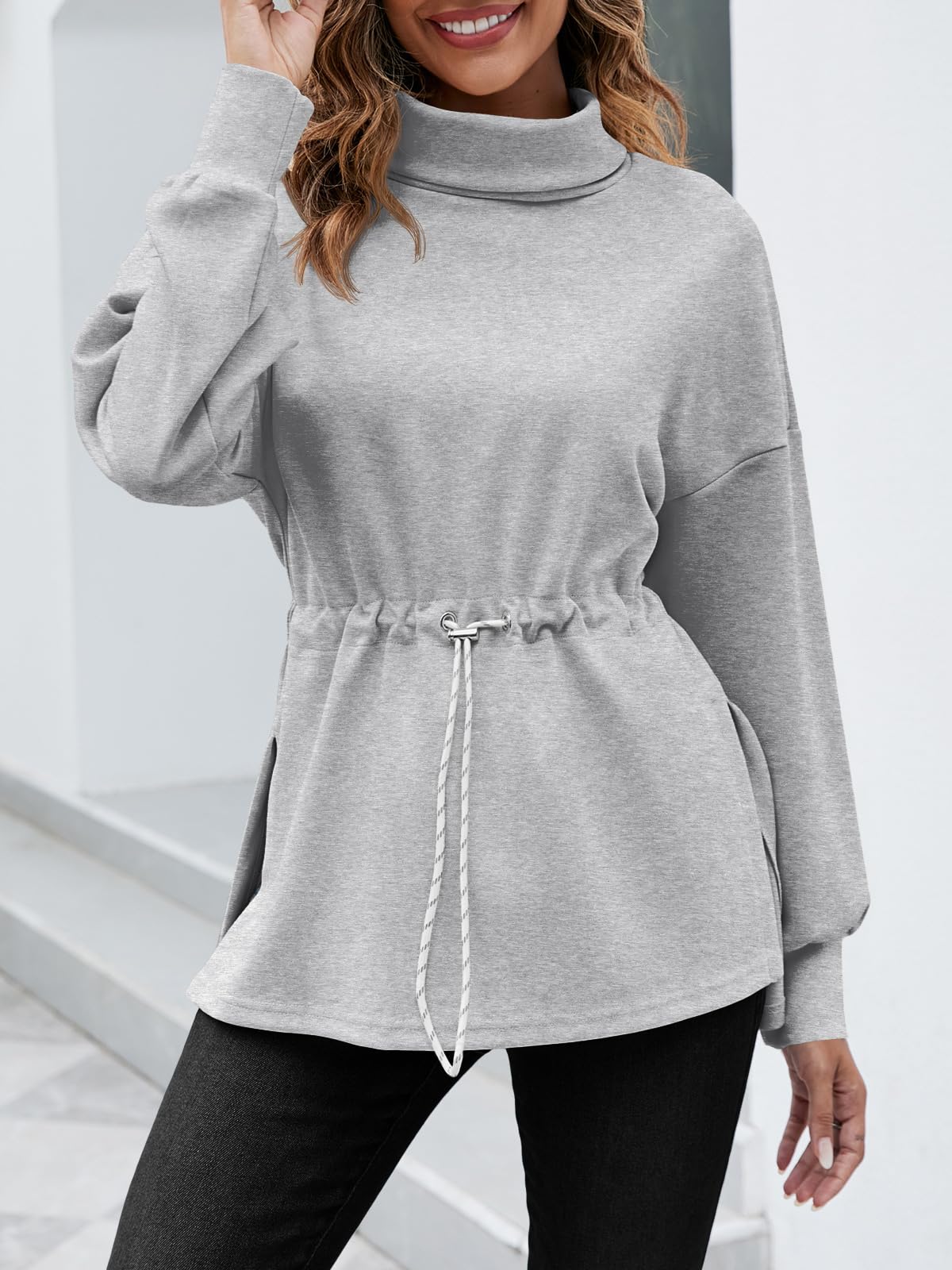 Doshoop Women's Turtleneck Sweatshirts Long Sleeve Pullover Tops Side Slit Tunic Shirts with Drawstring Waist Grey
