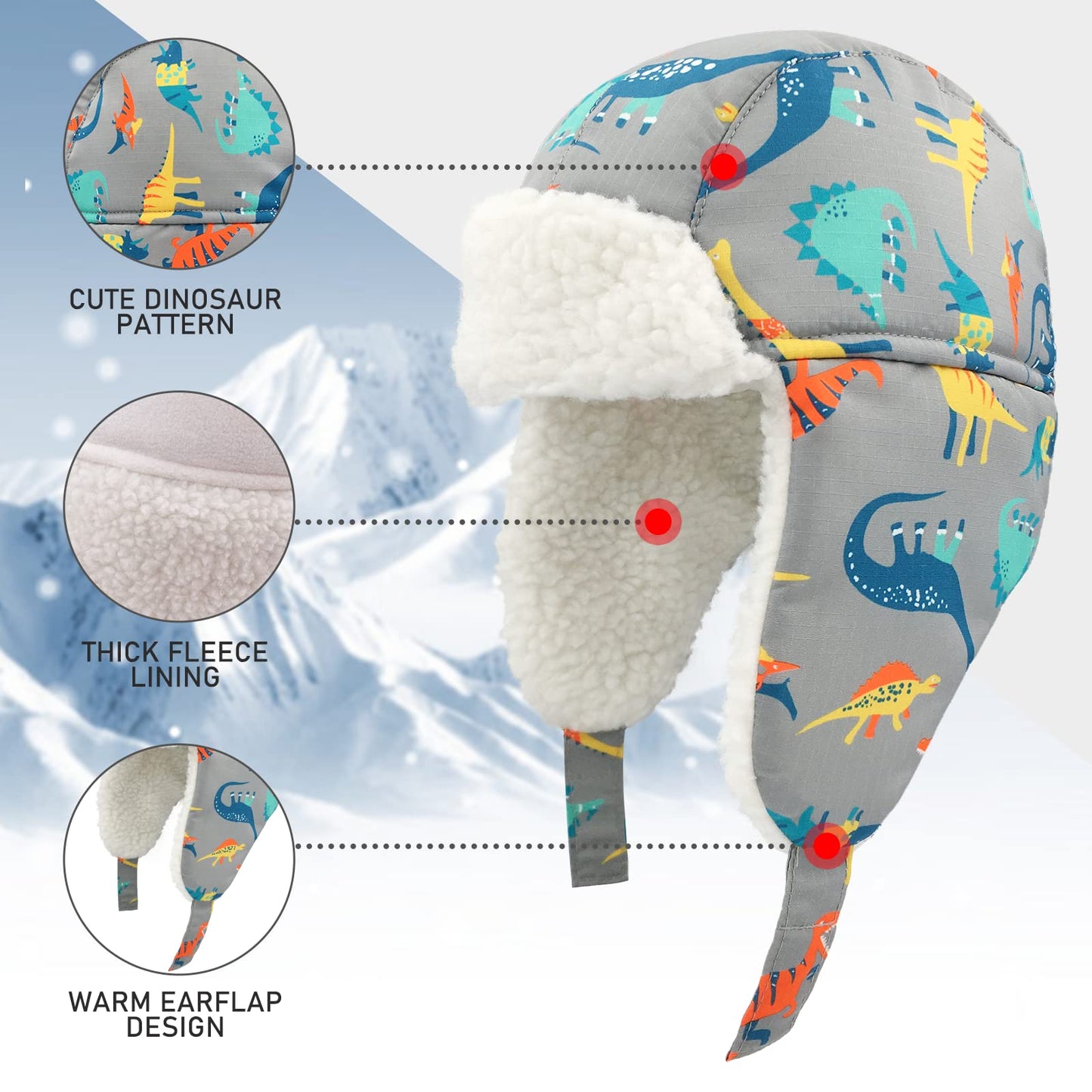 Winter Trapper Hat for Boys Girls Waterproof Warm Baby Toddler Ushanka Fleece Beanie Hats for 6M-6T (Orange Grey Dinosaur, 4-6T)