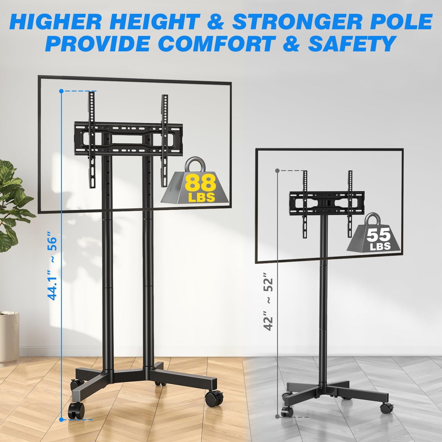 Rfiver Rolling TV Stand for 32-70 Inch TVs, Mobile TV Stand with Upgraded Wheels up to 88lbs, Height Adjustable Mobile TV Cart on Wheel, Portable TV Mount Stand for Bedroom, Living Room, Home, Office