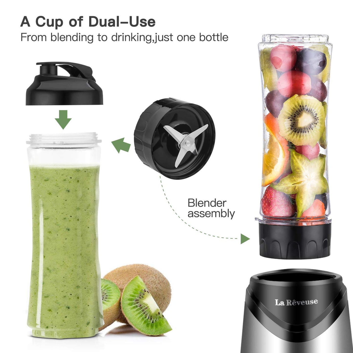 La Reveuse Smoothies Blender Personal Size 300 Watts with 18 oz BPA-Free Portable Travel Sports Bottle, Silver