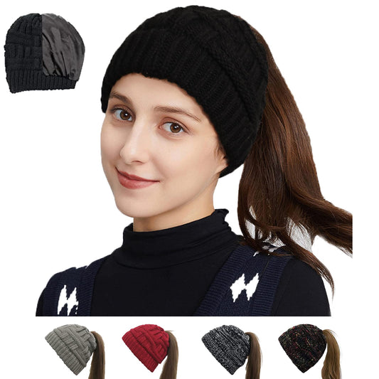 Womens Satin Lined Winter Beanie Cable Knit Beanie for Women Silk Lining Thick Chunky Hat Skull Warm Cap (Ponytail-Black)