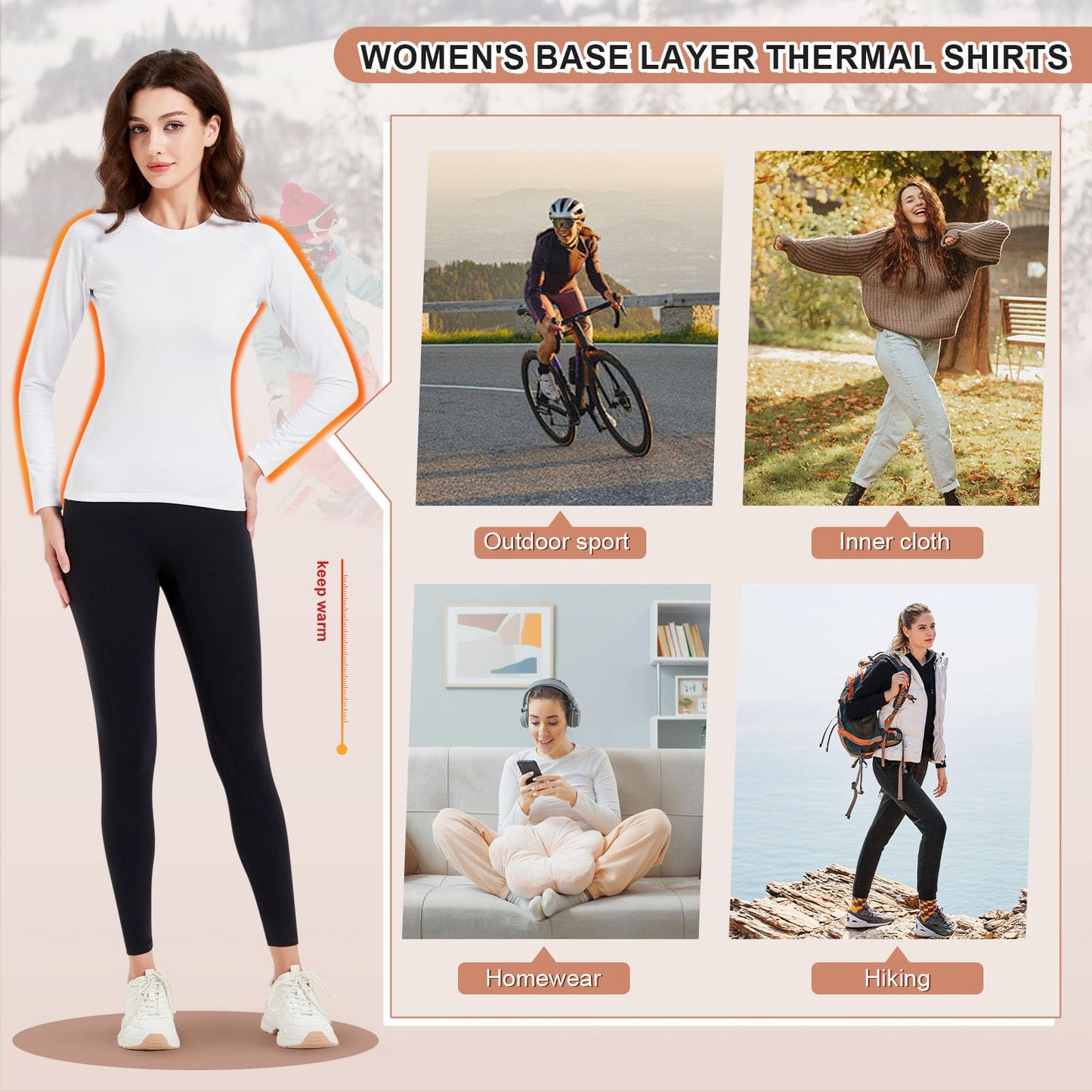 Witkey Thermals for Women Long Sleeve Shirts Cold Weather Crew Neck Fitted Fleece Lined Baselayer Tops Lightweight Winter Clothing Workout Running Hiking Quick Dry White